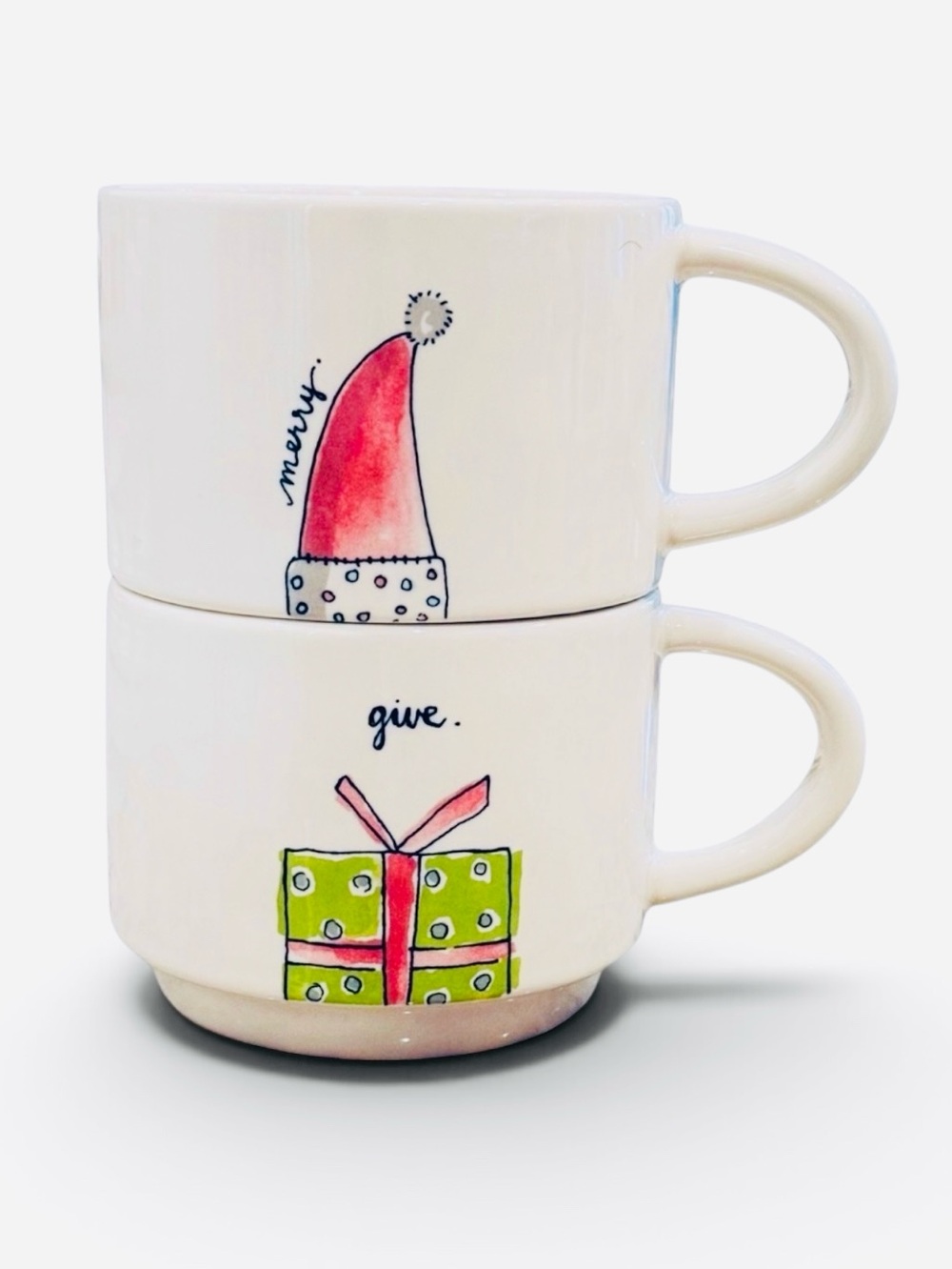 Set of 2 Rae Dunn “Merry” & “Give” Stacking Holiday Watercolor Mugs